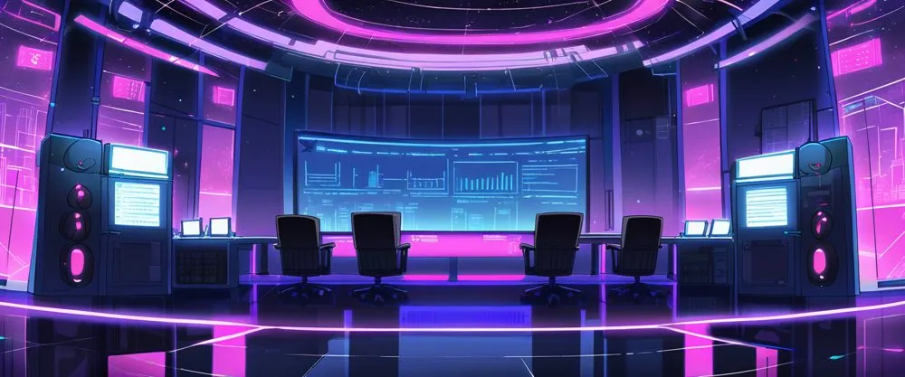 Purple control room with monitors