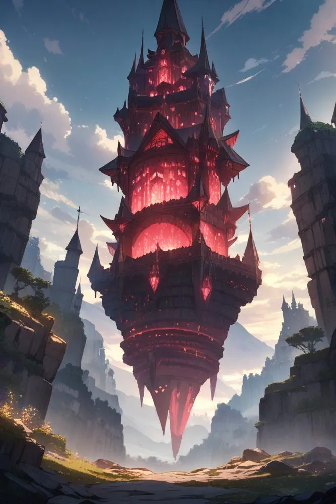 Red crystal tower floating between cliffs