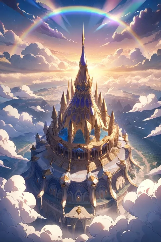 Golden castle above the clouds with a rainbow